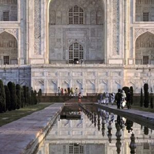Asia, India, Agra. The still reflection pool does just that at the Taj Mahal, a World Heritage Site