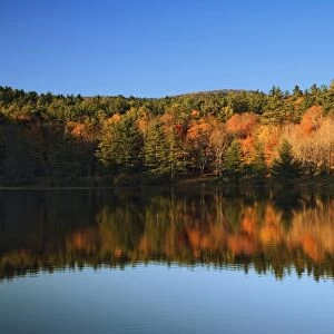 Autumn foliage mirrored on Bass Lake, near Blowing Rock, North Carolina