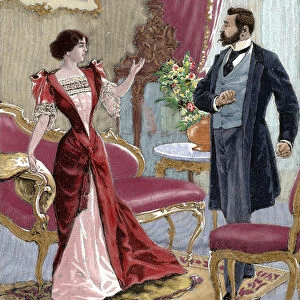 Bourgeoisie. Gentleman with a lady in the living room. Colored engraving. 1897