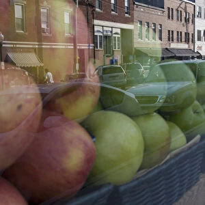 Camden, Maine. Grocery store and reflection of Main street