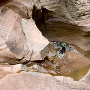 Cameron Carpenter straightening the rappel rope in Pine Creek Canyon, Zion National Park, Utah