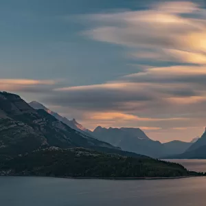 Canada, Alberta, Waterton Lakes National Park. Sunset over Waterton Lake
