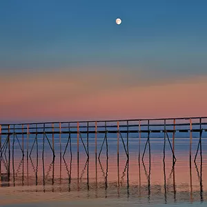 Canada, Manitoba, Matlock. Pier on Lake Winnipeg at dusk with moon