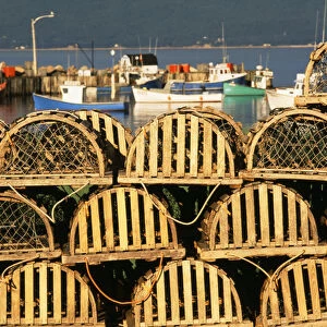 Canada, Nova Scotia, Cape Breton, Stack of lobster traps at Neils Harbour