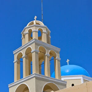Church on the coast of Aegean Sea. Oia, Santorini Island, Greece