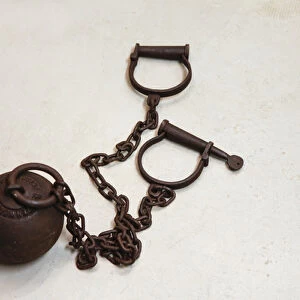 Close up of a ball and chain shackles, Oro Grande, California, United States, Route 66