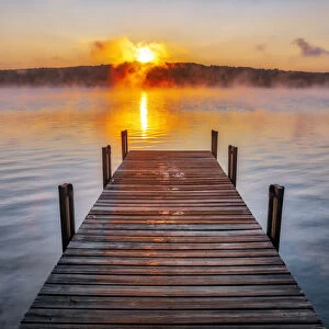 Dock on Long Lake at sunrise, Bridgton, Maine