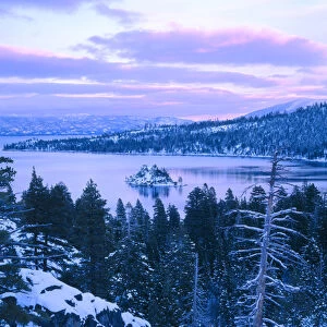 EMERALD BAY STATE PARK, CALIFORNIA. USA. Emerald Bay in winter at dusk. Lake Tahoe