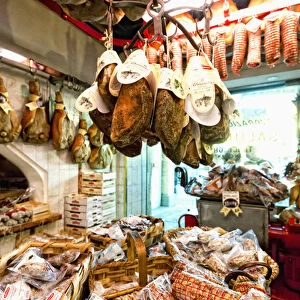 Europe, Italy, Tuscany, Greve. Salumi market in Greves main square