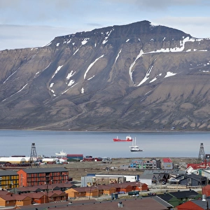 Europe, Norway, Svalbard, Longyearbyen. Overlooking the town and harbor. Credit as