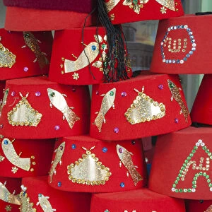Fez hat for sale, Tunis, Tunisia, North Africa, Africa