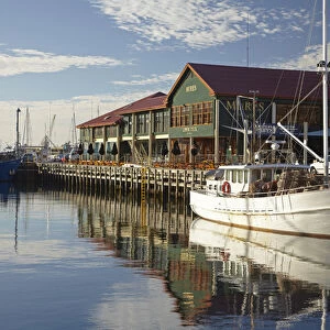 Fishing Boats and Mures Seafood Restaurant, Reflected in Victoria Dock, Hobart, Tasmania