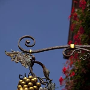 Germany, Rothenburg. Traditional hanging sign, Franconian grapes in front of famous