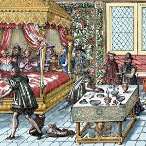 Henry II (1519-1559). King of France (1547-1559). Kings death. Colored engraving
