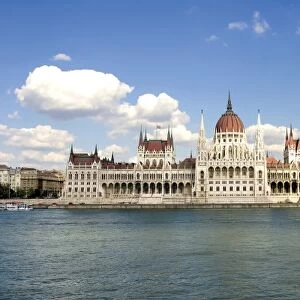 Hungary, Budapest, View of the Parliament and the Blue Danube River