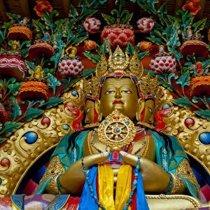 India, Jammu & Kashmir, Ladakh, Stok, large gold Buddah statue surrounded by many