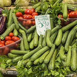 Italy, Florence. A variety of vegetables for sale in a shop in the Central Market