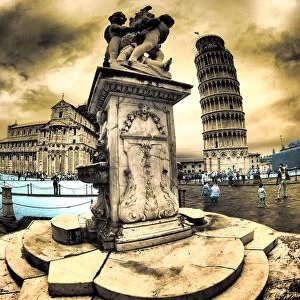 Italy, Pisa. Fontana Dei Putti with Duomo de Pisa, Piazza dei Miracoli