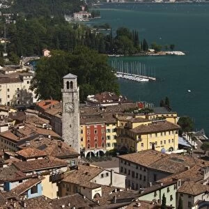 Italy, Trento Province, Riva del Garda. Aerial town view with the Torre Apponale