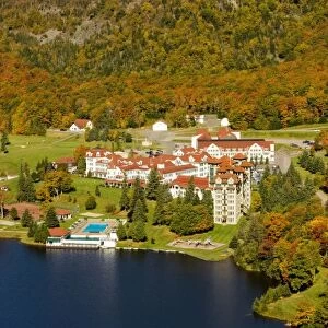 Lake Gloriette and the Balsams Grand Resort as seen from the cliffs above NH 26 in Dixville Notch