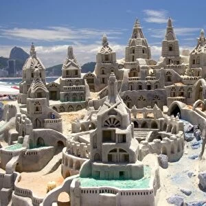 A large sandcastle on the Copacabana Beach in Rio de Janeiro, Brazil
