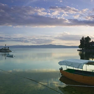 MACEDONIA, Ohrid. Lake Ohrid Harbor and water taxi / Late Afternoon