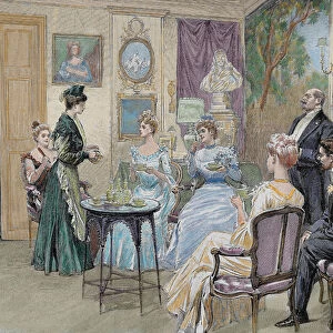 Meeting of aristocratic families in the living room. Colored engraving by George Scott