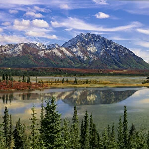Mountain landscape and reflection, fall foliage, Denali Highway near Anchorage