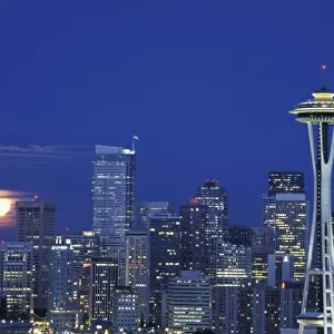 N. A. USA, Washington, Seattle Skyline with full moon rising