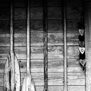 Oars are hung on wooden shed in Big Cypress, Florida, USA