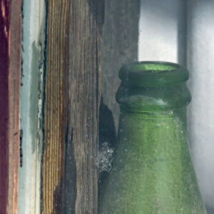 Old green bottle in window, California