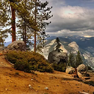 Panoramic view across Yosemite National Park to half dome in California