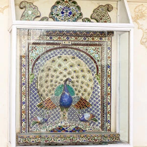Peacock tile mosaic. City Palace. Shiw Nivas Palace. Udaipur Rajasthan. India