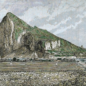 Rock of Gibraltar. Engraving by Rico, 1882. Coloured