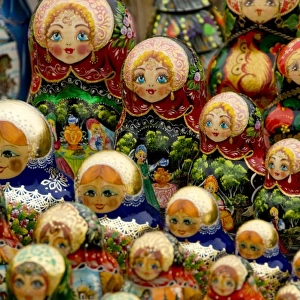 Russia, Moscow. Typical Russian handicrafts, matryoshka dolls