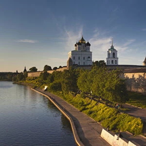 Russia, Pskovskaya Oblast, Pskov, elevated view of Pskov Kremlin from the Velikaya River