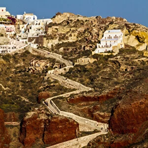 Santorini, Greece. Zig Zag stair pathway leading to a village by the sea on the Island