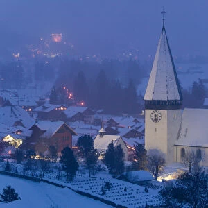 SWITZERLAND-Bern-SaNEN (Area around Gstaad): Town Church / Winter / Evening