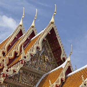 Thailand, Bangkok. The repeating roof design of Wat Benchamabophit