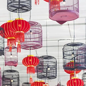 Thailand, Bangkok. Siam Square, display of red lanterns and birdcages