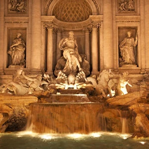 Trevi Fountain, Fontana de Trevi, Close Up, Night Neptune Statues, Rome Italy Finished