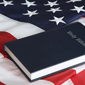 USA, California. American flag and Bible