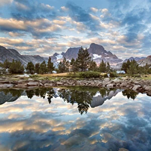 USA, California, Inyo National Forest. Mount Ritter and Banner Peak reflected in Garnet Lake