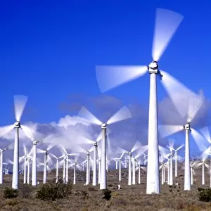 USA, California, Mojave. View of a wind turbine farm in action