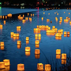 USA, Colorado Springs. Water Lantern Festival on Prospect Lake