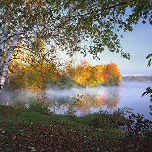 USA, Maine, Pittsfield. Morning sun and fog rising from Douglas Pond