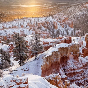 USA, Utah, Bryce Canyon National Park, Sunrise from Sunrise Point after fresh snowfall
