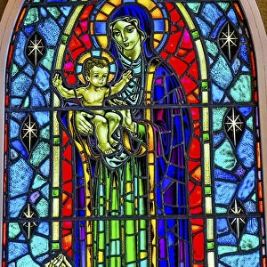 Virgin Mary Baby Jesus Stained glass Hallgrimskirkja Large Lutheran Church, Reykjavik