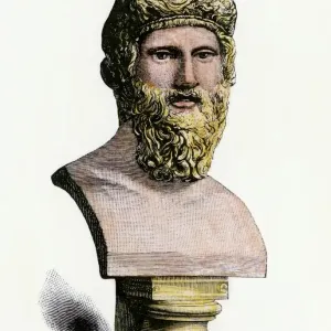 Hand-colored 19th-century woodcut Print of a Bust of Plato Hand-colored 19th-century woodcut Print of a Bust of Plato