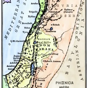 Hand-colored woodcut print of Ancient Palestine and Phoenicia Hand-colored woodcut print of Ancient Palestine and Phoenicia